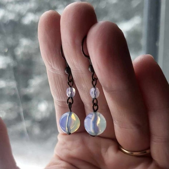 GORGEOUS Opalite & Genuine Rose Quartz Faceted Bead Hook Earrings - Picture 6 of 6